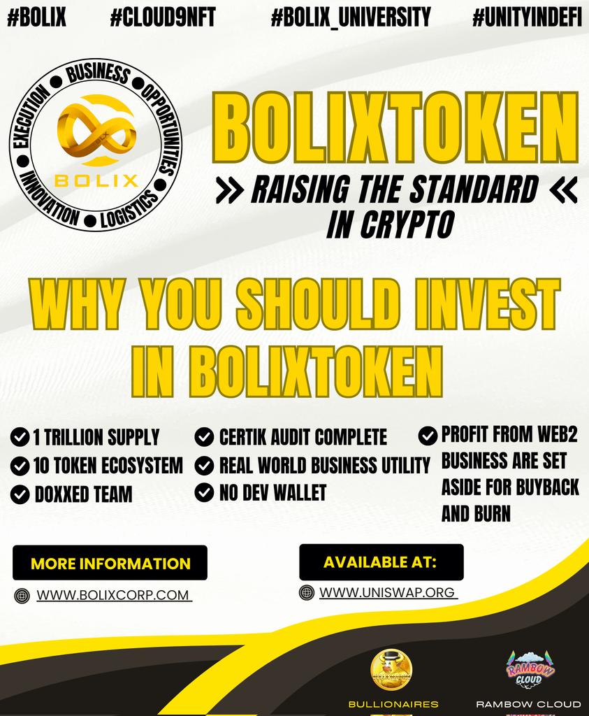 @Bolix_Flipboy #BolixToken 
Website:
bolixcorp.com
alphabolix.com
bolixmint.com
opensea.io/collection/ram…

Telegram:
t.me/BolixTokenPort…

#Bolix #BolixToken #BLX #BULLIONAIRES #Community #Cryptocurrencies #RambowCloud #NFT #LetsGrow #UnityinDeFi