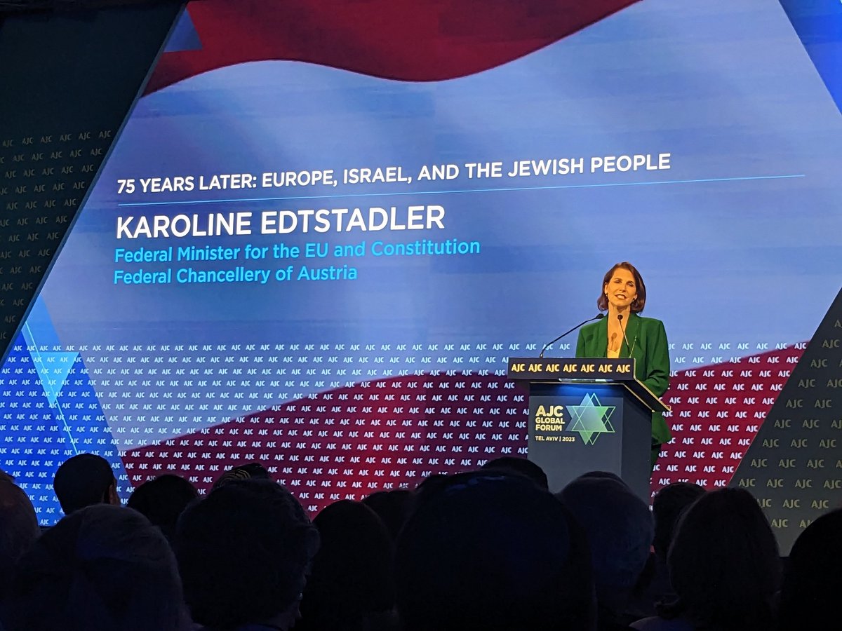 RomanGodau's tweet photo. Thank you @k_edtstadler for your inspiring speech at the opening session of this year's @AJCGlobal-Forum in Tel Aviv.

#fightantisemitism
@KASonline https://t.co/7rGpalqM5k