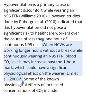 kevinnbass's tweet photo. CDC acknowledges significant harms of N95s due to CO2 buildup (https://t.co/JQWka8tvhG)👇

To avoid these, CDC recommends not wearing N95 for more than 1 hour.

In other words, all-day use advocated by Covidians causes harm, without demonstrated benefit. https://t.co/of3cGHEIQU