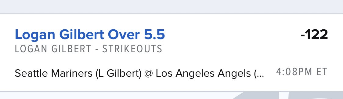 Logan Gilbert

Angels have the 8th highest K% vs RHPs since May 11th. Castillo just had 10 on them and Woo had 7. Gilbert has  hit over 5.5 in 6/7 road starts this year 🙏🏼