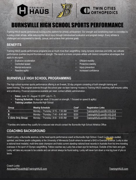 BurnsvilleSport's tweet photo. The 2022-23 school year has officially closed for Blaze Athletics. Thank you to everyone who was a part of it and we can’t wait for next year!

Get signed up for Summer Camps &amp; Strength &amp; Speed!

Blaze Summer Camps: https://t.co/LPW9prREaO

Training Haus: https://t.co/072UX24EwN https://t.co/D86xGHacq3