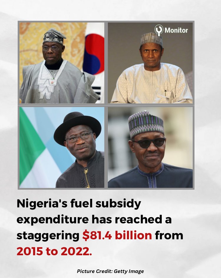 ymonitorng's tweet photo. President Tinubu removed subsidy on petrol a few weeks ago, citing that it's a major drain on Nigeria's economy.
In this post, we're examining just how much the country has spent on petrol subsidy since the beginning of the 4th republic.
#YMonitor https://t.co/MzLi4wsmzA