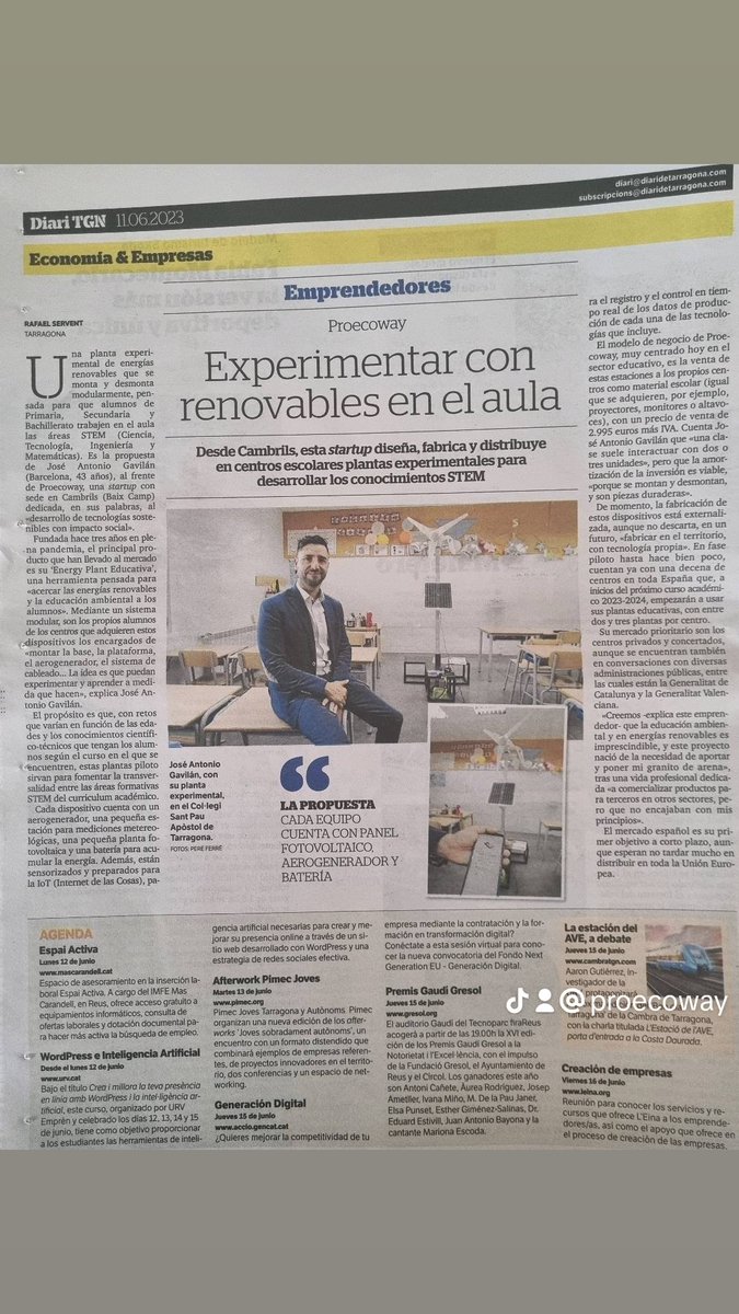 proecoway's tweet image. Gracias Diari de Tarragona por esta portada en #economía &amp;amp; #empresa #emprendedores.
Continuamos creciendo🚀 y generando valor con nuestra innovadora Energy Plant Educativa Proecoway 💚🌱. 

 #innovación, #educación #colegios #maestros #profesores #tarragona   #España  #ODS