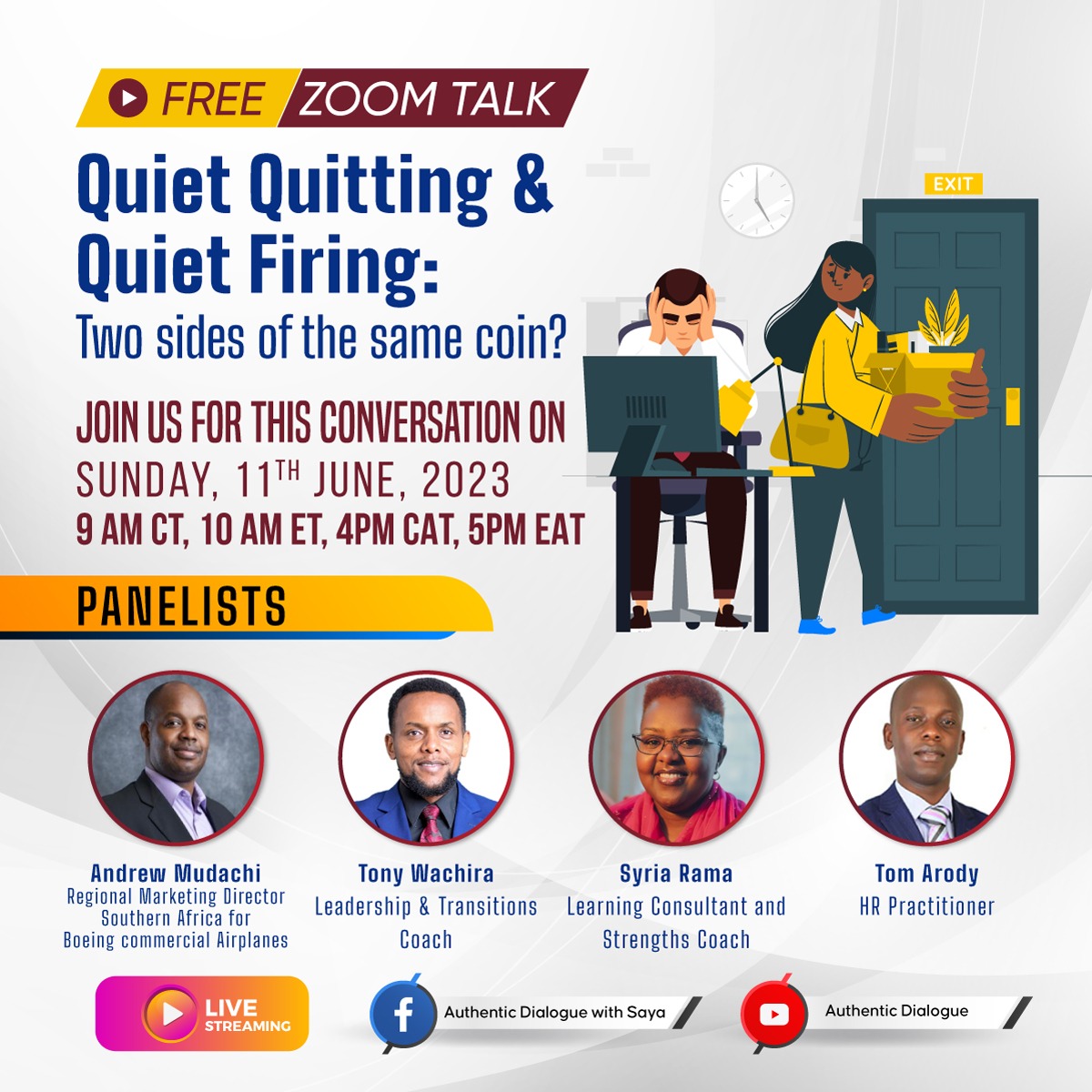kawinita's tweet image. Very insightful conversation by #authenticdialogues on #quietquitting and #quietfiring.  "A bad work environment can change you more than you can change it." Must attend by any employer/employee. You can still hop on to the live or follow later on the social handles.