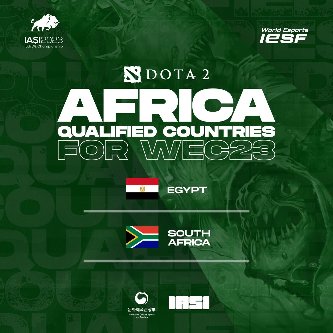 Congratulations to Egypt and South Africa for qualifying for WEC23!! 💪🔥

@mindsportssa
@EgyptEsportsF 

#WEC23 #Iasi2023 #IESF #WorldEsports #dota2