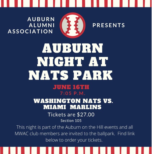 Join us in Section 105 for Washington Nationals Auburn Night! 💰 Purchase at fevogm.com/event/Auburnal… 𝘋𝘦𝘢𝘥𝘭𝘪𝘯𝘦 𝘧𝘰𝘳 𝘵𝘩𝘦 𝘈𝘶𝘣𝘶𝘳𝘯 𝘣𝘭𝘰𝘤𝘬 𝘪𝘴 𝘑𝘶𝘯𝘦 13 For more information, contact Caroline Brophy at cab0193@auburn.edu