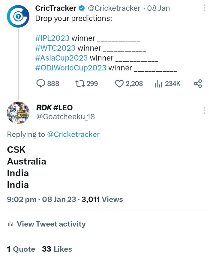 England Won T20Wc 2022 & Kohli was the highest run scorer in T20Wc

India won BGT by 2-1 with kohli being the highest run scorer of India & POTS was shared between Jadeja & Ashwin

CSK won IPL 2023 , Australia won WTC 2023 🤥🤥 .