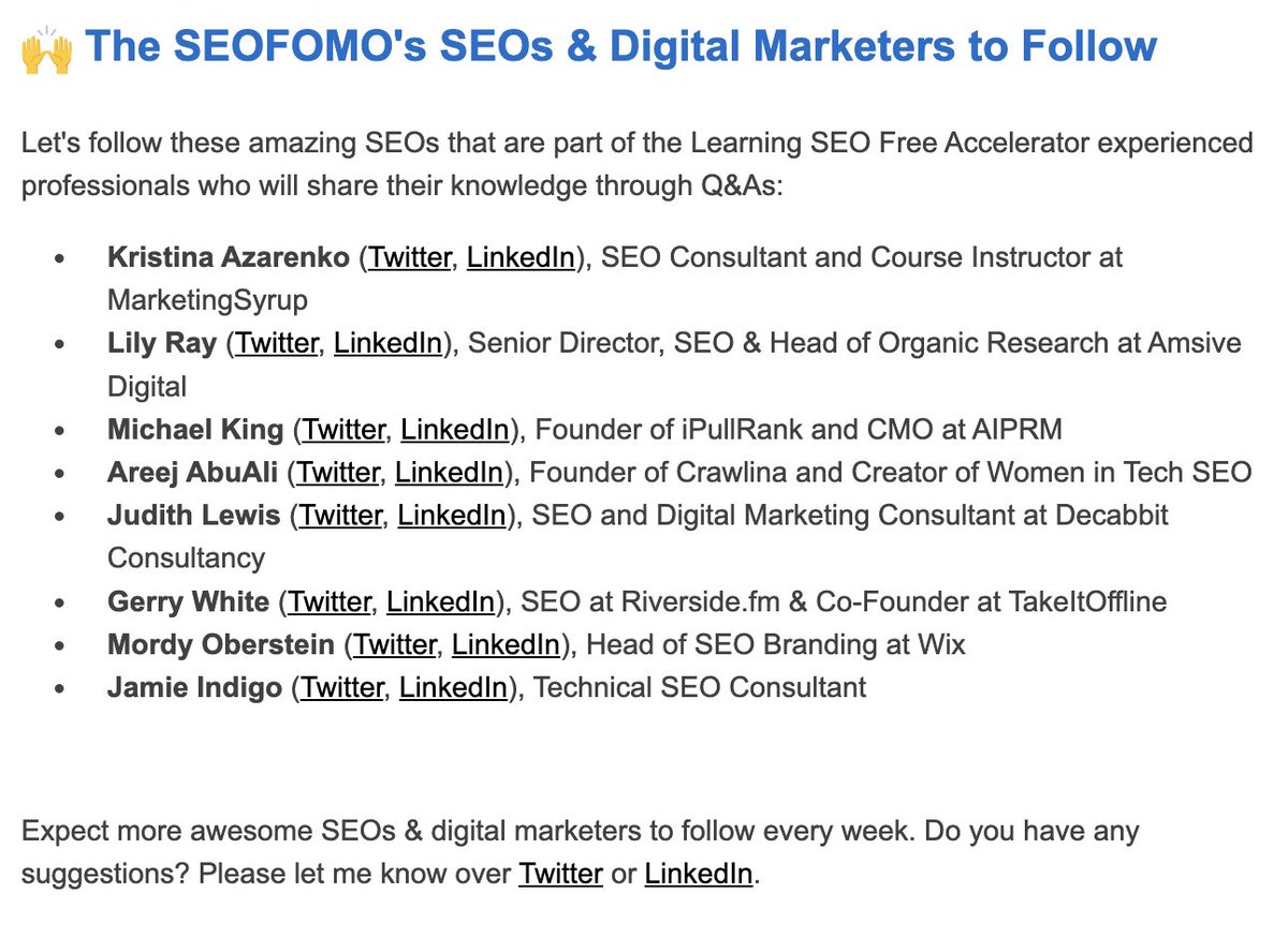 Today's #SEOFOMO SEOs to follow are these amazing specialists part of the #LearningSEO Free Accelerator, who will share their knowledge through Q&As with new SEOs for free: 

@azarchick 
@lilyraynyc 
@iPullRank 
@areej_abuali 
@JudithLewis 
@dergal 
@MordyOberstein 
@Jammer_Volts…