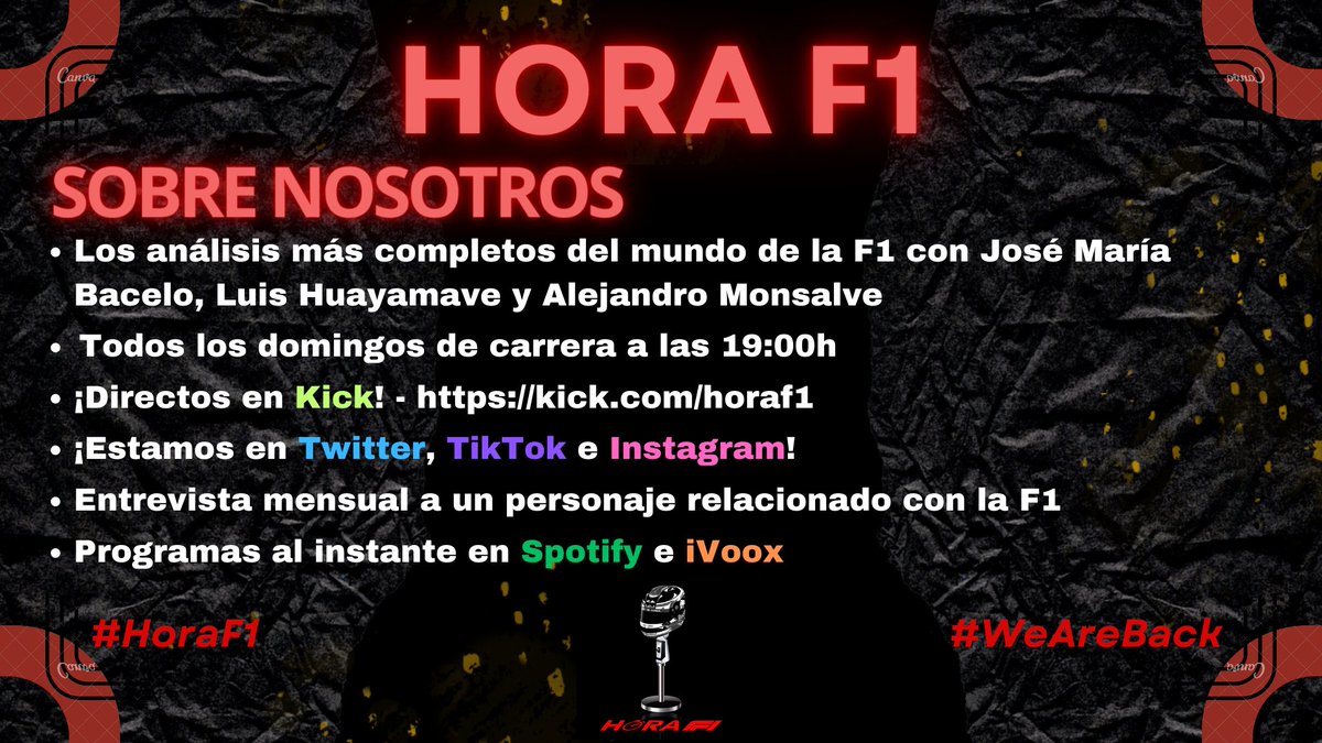 ¡OS PRESENTAMOS EL NUEVO HORA F1! #HoraF1
- ¡@_moonsaaaalvee_ se une al equipo!
- Nuevo formato
- ¡Primer podcast de F1 en transmitir en Kick! ¡Ayudadnos a llegar a los 75 seguidores! Nuestro enlace: kick.com/horaf1
- Id a nuestro nuevo Twitter: x.com/Hora_F1