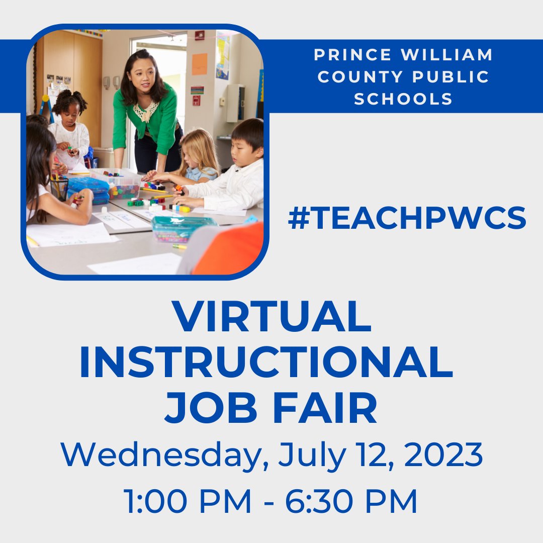 PWCS Instructional Job Fair is coming soon...Registration, confirmation, and a completed/updated certified application are required.

Time is running out, and INTERVIEW SPACE IS LIMITED.

Click the Link for REGISTRATION bit.ly/July2023JobFai…