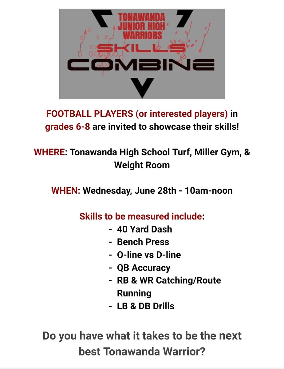Football has a busy June! Here are our events:

Sat., June 17th (9am)- Program Car Wash &amp; Bottle Drive

Wed., June 28th- Tonawanda Junior High Skills Combine (10am)

Thur., June 29th- Varsity 11 v 11 Uppers Camp @ Wilson (6pm)

🏈GO WARRIORS🏈

<a href="/TonawandaCSD/">Tonawanda City Schools</a> <a href="/TonaWarriors/">Tonawanda Athletics</a>