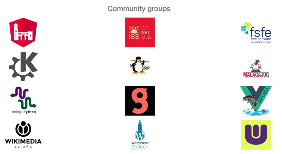 #OpenSouthCode23 revela que el ecosistema tecnológico cultural malagueño no sólo es de grandes empresas, también de comunidades 
<a href="/AngularMalaga/">Angular Málaga</a> <a href="/dotnetmalaga/">dotnetMALAGA</a> <a href="/fsfe/">Free Software Foundation Europe</a> <a href="/KDE_Espana/">KDE_España</a> <a href="/linux_malaga/">Linux-Málaga</a> <a href="/MalagaJUG/">Málaga JUG</a> <a href="/python_malaga/">Málaga Python</a> <a href="/sugus_etsii/">SUGUS</a> <a href="/VuejsMalaga/">Vue Málaga</a> <a href="/wikimedia_es/">Wikimedia España</a> <a href="/wpmalaga/">WordPress Málaga</a> <a href="/yeswetech_org/">Yes We Tech</a>