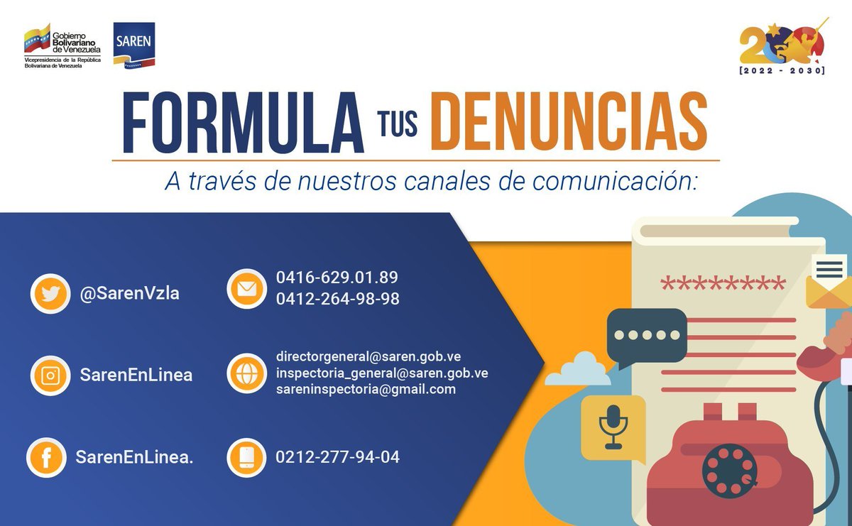 El @SarenVzla pone a disposición los siguientes canales de comunicación para que formules tus denuncias.

¡No calles!

#11Jun 
#BienestarIgualdadYJusticia
