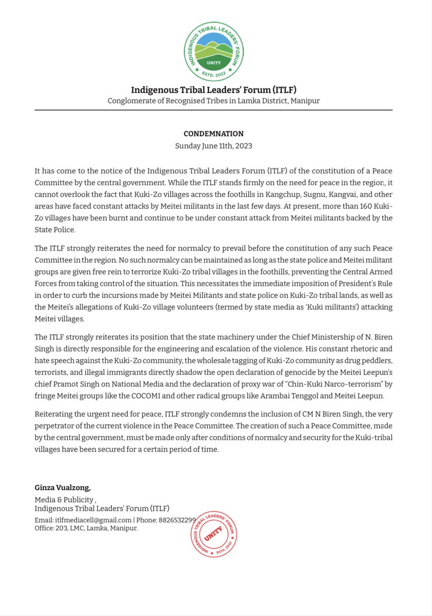 KSO_Mumbai's tweet photo. We, KSO Mumbai, stand with ITLF in rejecting the recently constituted Peace Committee headed by the fascist Meitei CM Biren Singh, the mastermind behind ethnic cleansing pogrom against Kuki-Zo ethnicity. 

#NoPeaceTalkWithoutJustice
#RemoveBiren&amp;PunishHim
#SeparateAdministration https://t.co/yO5IdXsvhI