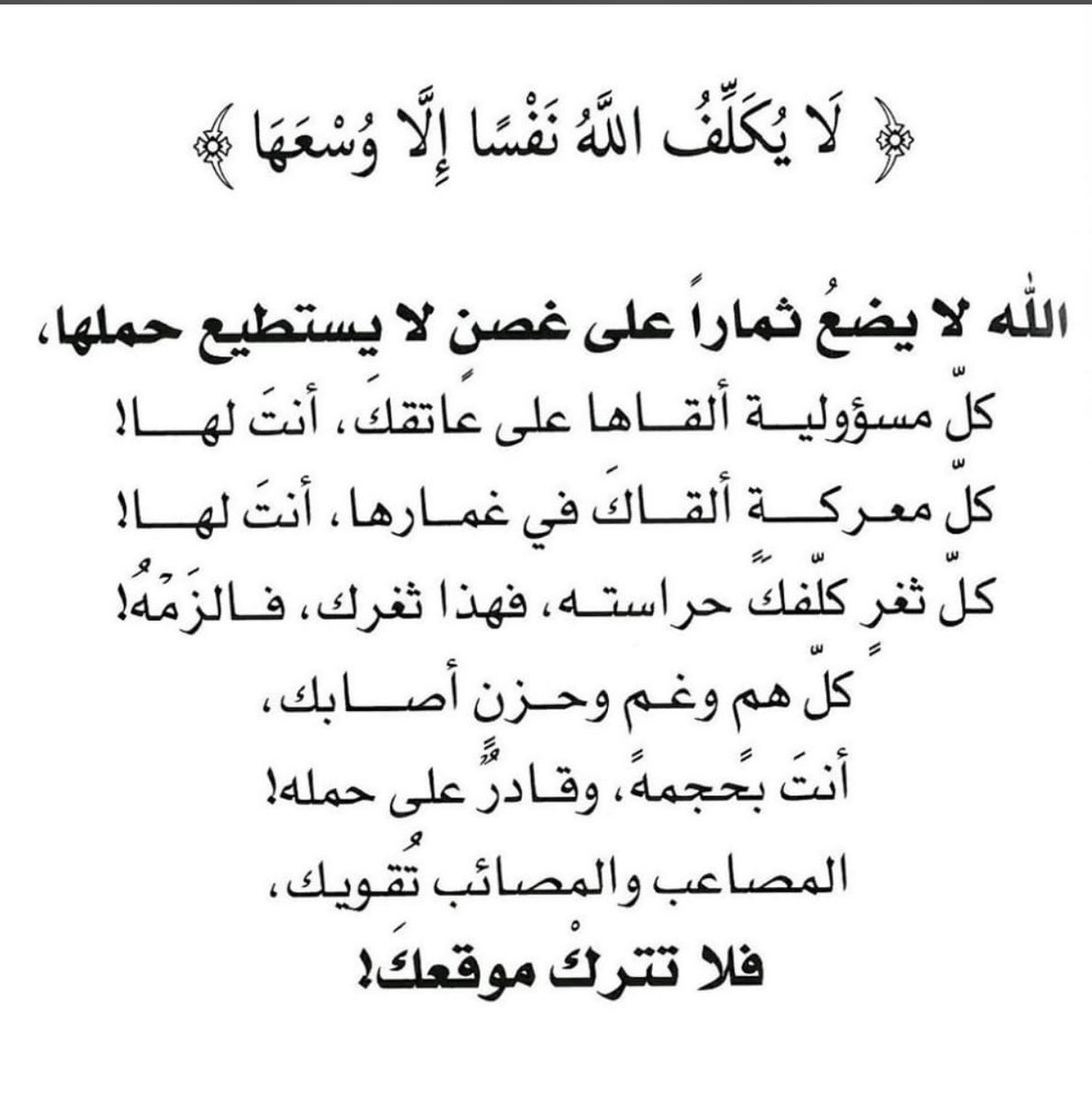 adhamsharkawi's tweet photo. الله لا يضع ثماراً على غصن
لا يستطيع حملها
كل مسؤولية ألقاها الله على عاتقك
أنتَ لها
كل معركة ألقاكَ في غمارها
أنت لها
كل ثغرٍ كلّفك حراسته
فهذا ثغرك فالزمه
كل هم وغم وحزن أصابك
أنت بحجمه وقادر على حمله
المصاعب والمصائب تقويك
فلا تترك موقعك
.
#رسائل_من_القرآن https://t.co/jZtHrFOo3J