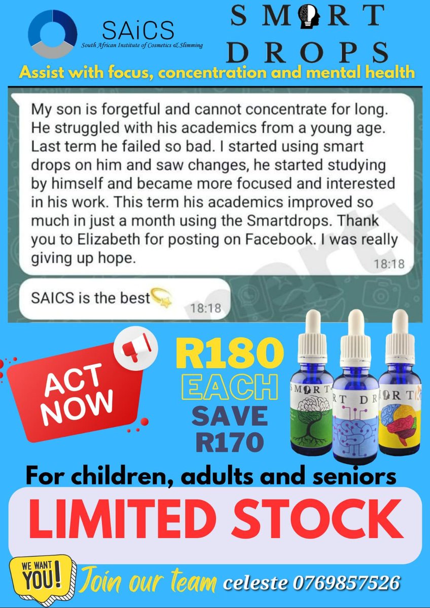 Improved SMARTDROPS 

Helps with focus and concentration. Suitable for young and old. 

Get yours today 
Contact celeste 0769857526

#Saics #smartkids  #smartdrops #smart #mentalhealth #healthymind #focus #concentration #allnatural #SaicsBL #fscl #improved.