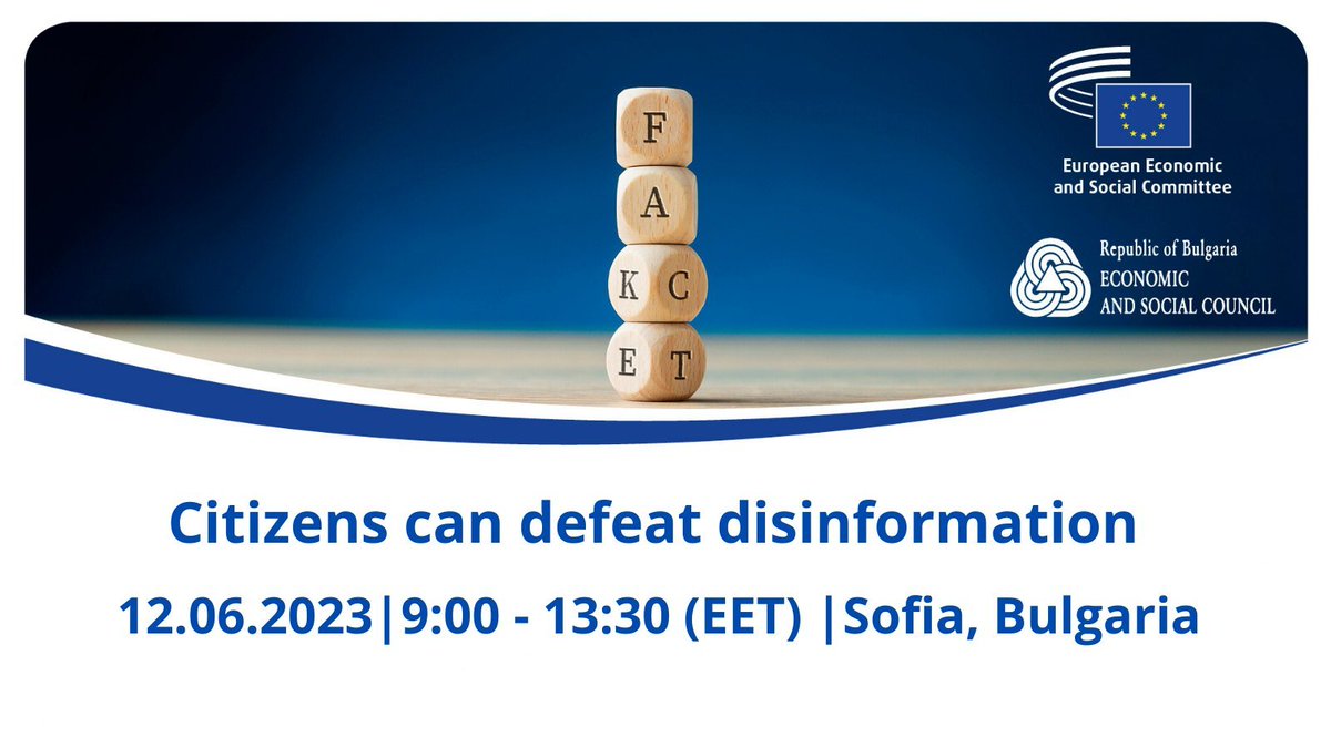 Can #EUCivilSociety defeat #disinformation?

Join our @StollmeyerEU tomorrow at 9:15 CET / 10:15 EET.

📅: eesc.europa.eu/en/agenda/our-…

📺: eesc.europa.eu/en/agenda/our-… 

#BGvsDisinfo #DefendDemocracy