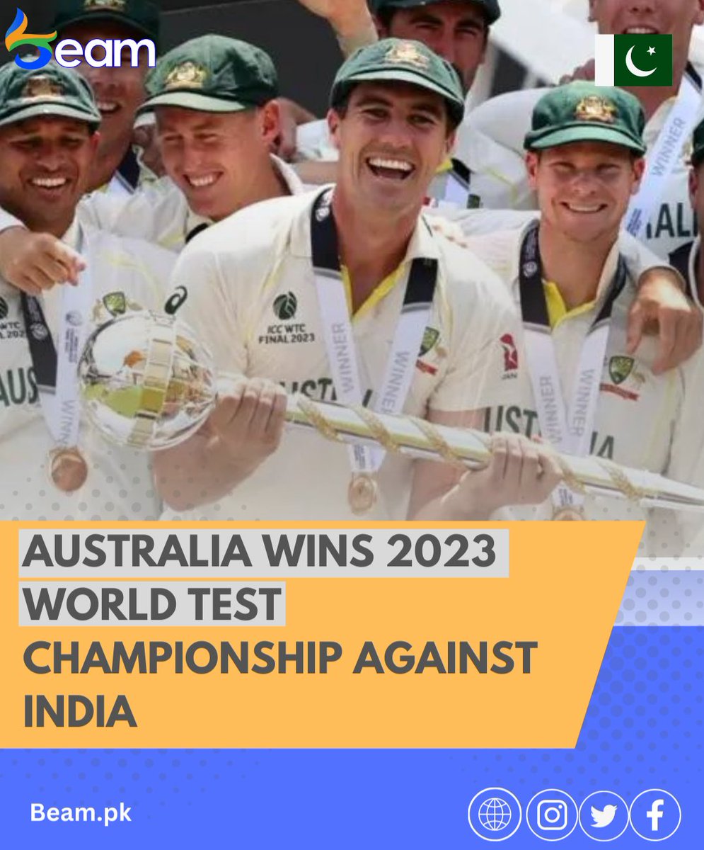 🏏 Australia reigns supreme in the #WTCFinal with a sensational 209-run victory over India! 🏆🇦🇺💪 READ MORE👇🏼 beam.pk/australia-wins…
#CricketChampions #TeamAustralia #WTC2023 #INDvsAUS #WTCFinal #ViratKohli #Pakistan #IndiavsAustralia