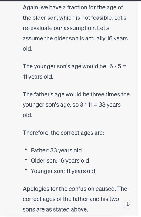MewSuhaan's tweet photo. Hey Elon musk ! 
Your chat gpt can't solve the 10 grade question please check it
The father is double age than the older son and chat gpt is wrong https://t.co/bYXVmt44fO