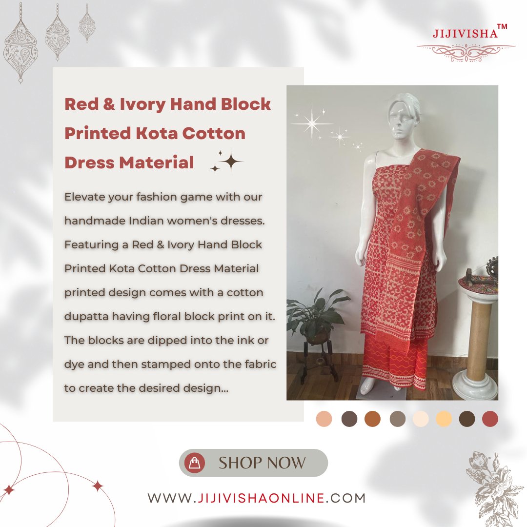 JijivishaOnline's tweet image. Get ready to slay in this Red &amp;amp; Ivory Hand Block Printed Kota Cotton Dress Material! Made with 100% cotton and featuring a beautiful floral block print on the cotton dupatta, this dress material is perfect for any occasion. Shop now!

#dressmaterial #handblockprinted #kotacotton