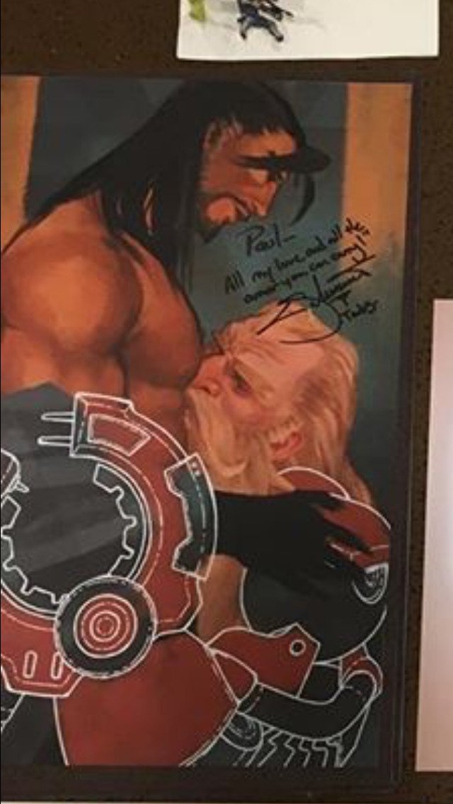years ago i drew torbjorn/hanzo for a gag charity zine and unbeknownst to me at the time my best friend printed 3 poster-sized copies of it and got it autographed by both VAs for me before giving a copy to each of them to autograph for one other
