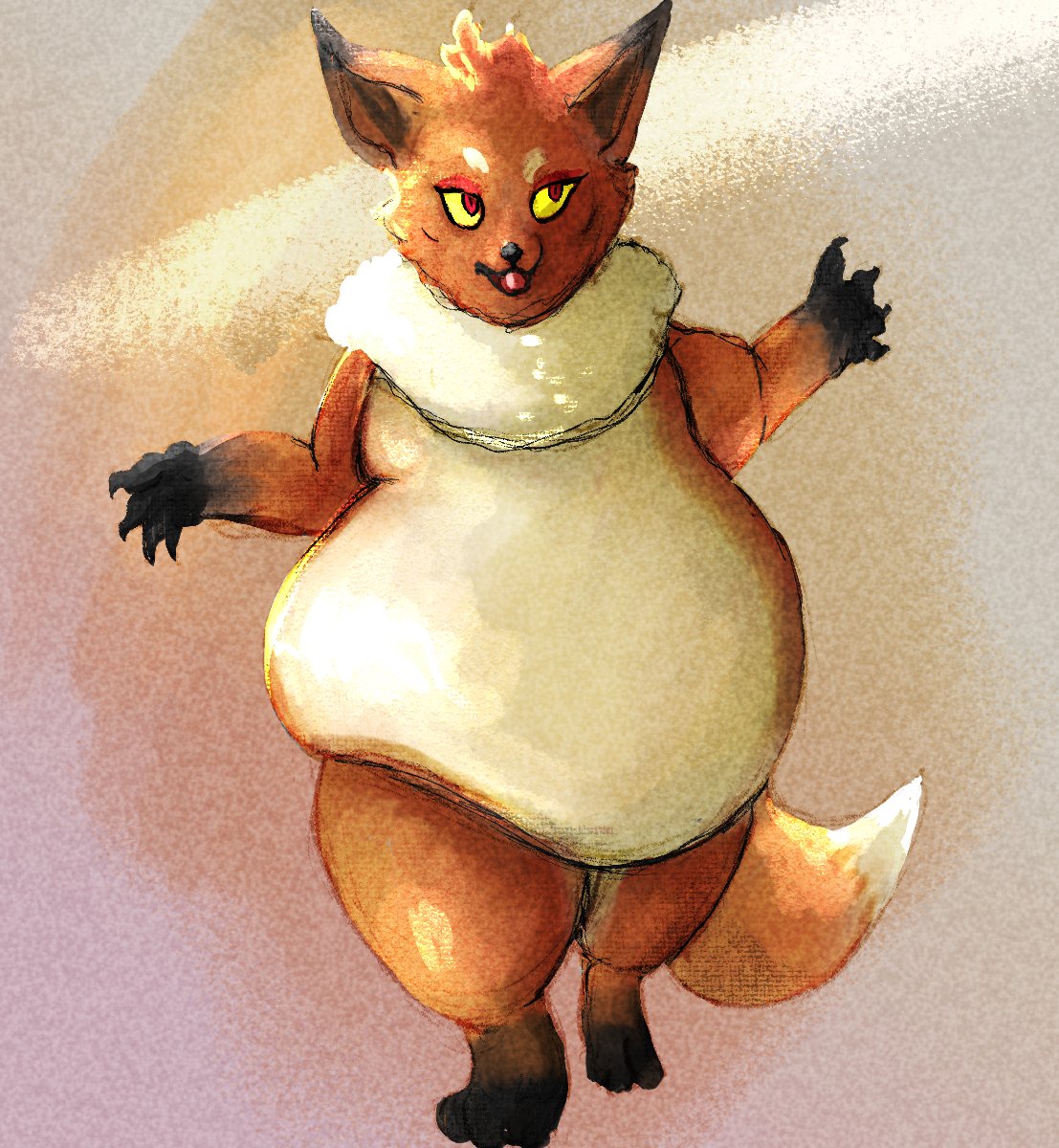 I've been messing around with a character design.
She ended up being this fat fox/eevee thing. I'm a fan of the 'Quadruped Pokemon walking on two legs' phenomena.
