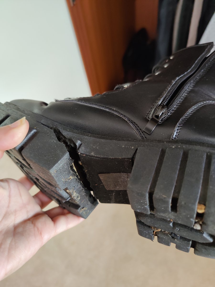 V_Barrett's tweet photo. @ajvoyage Really disappointed in these boots I purchased last November - both have got huge cracks in the sole, I've never seen anything like this before in any boots I've owned! https://t.co/9BrZMQGG3K