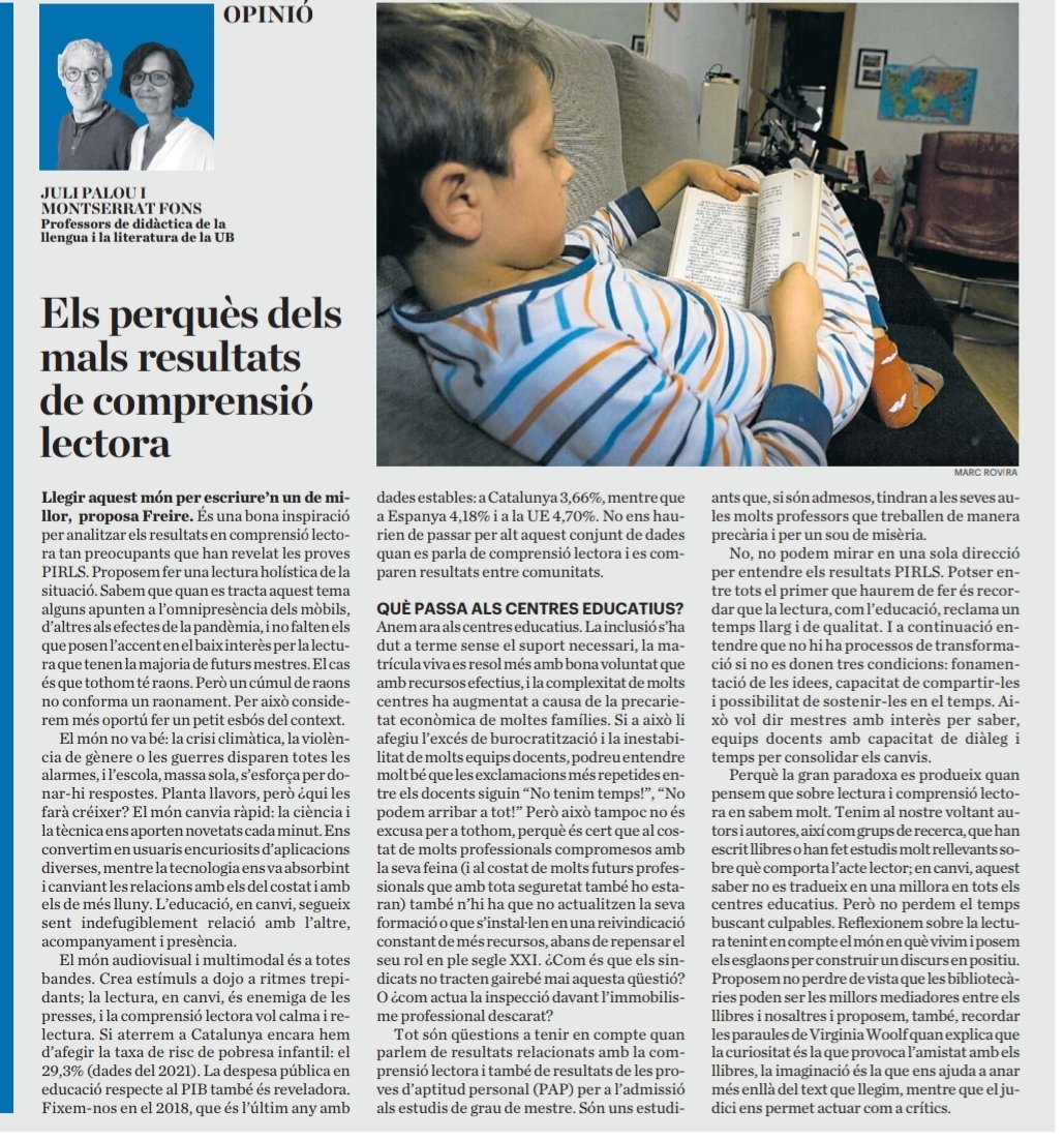 M'encanta el vostre article,  només hi afegiria la necessitat que a la formació inicial s'hi posés el cuquet de la recerca.  No podem canviar de manera de fer ni de mètodes sense sentit, sense investigar si el canvi ens aporta millora o no.
#MontserratFons #julipalou #lectura