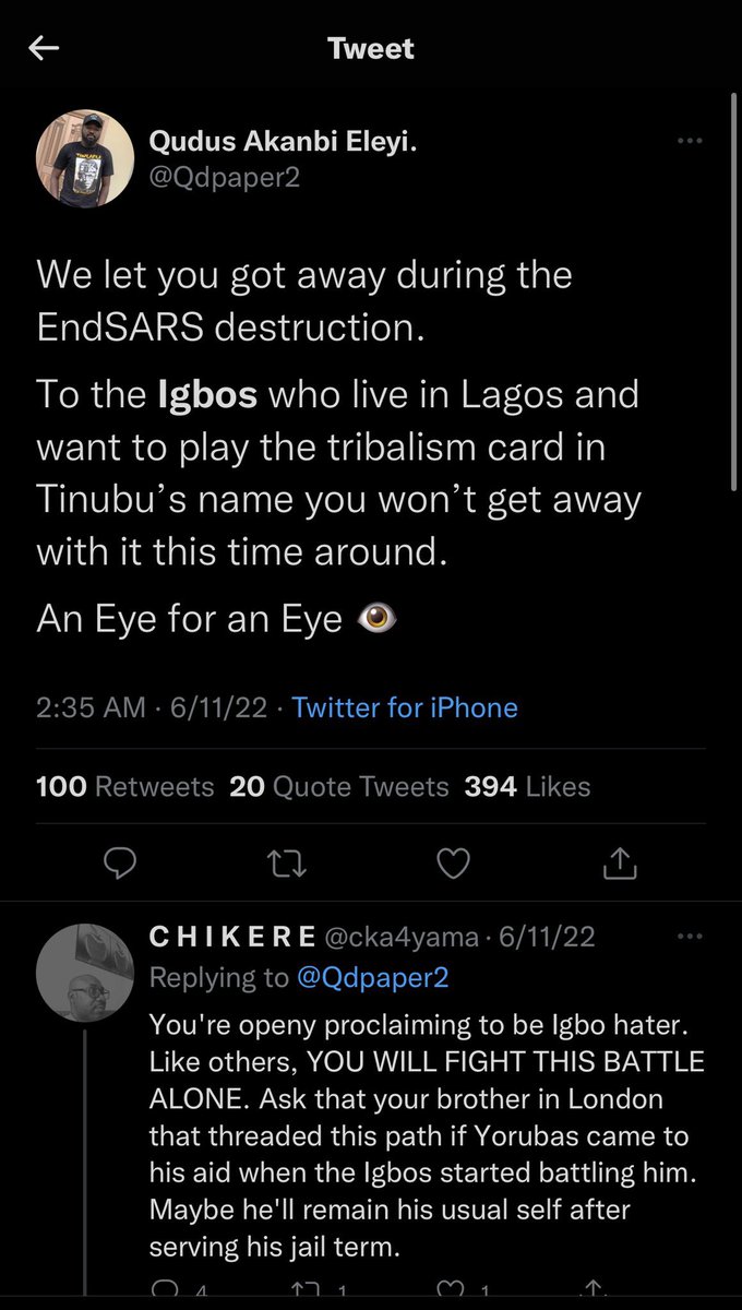 General_Oluchi's tweet photo. This is your tweet and Qudus’ threats to the Igbos. 

Today, you are promoting his business so he can succeed and continue to attack the same Igbos you spoke out for. I guess you only condemned bigotry against the Igbos make e no be like say you no talk.

Do whatever you want as an adult but at least be sincere about it.

Supporting a known bigot, someone who threatened harm against the Igbos doesn’t speak well of you even if it’s not your intentions. Action speaks!