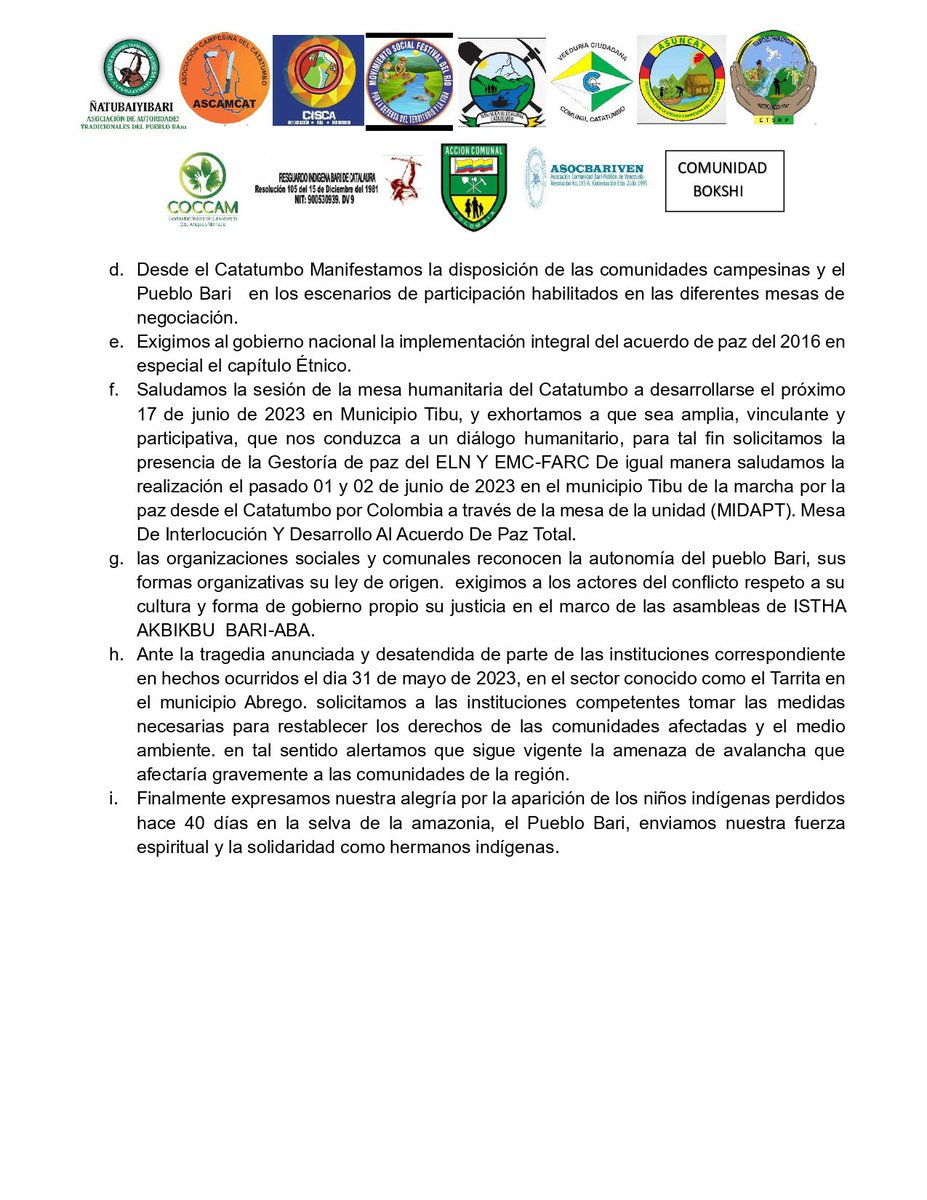 ComisionadoPaz's tweet photo. #Compartimos 🫱🏾‍🫲🏼| Comunicado de organizaciones indígenas, campesinas y comunitarias del Catatumbo: Llamamiento por la Vida, la Paz, el Buen Vivir y los Derechos humanos en el Catatumbo. https://t.co/PDcqbdpJju