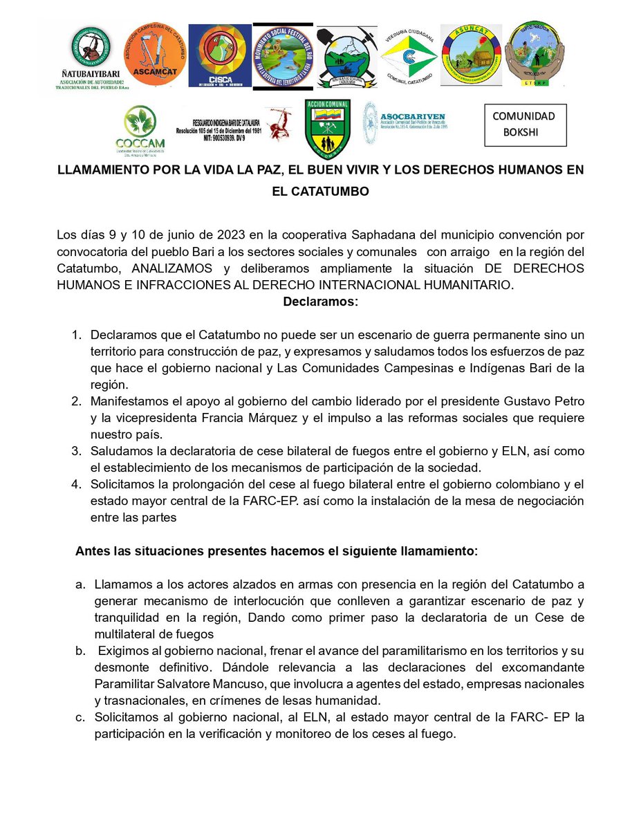 ComisionadoPaz's tweet photo. #Compartimos 🫱🏾‍🫲🏼| Comunicado de organizaciones indígenas, campesinas y comunitarias del Catatumbo: Llamamiento por la Vida, la Paz, el Buen Vivir y los Derechos humanos en el Catatumbo. https://t.co/PDcqbdpJju