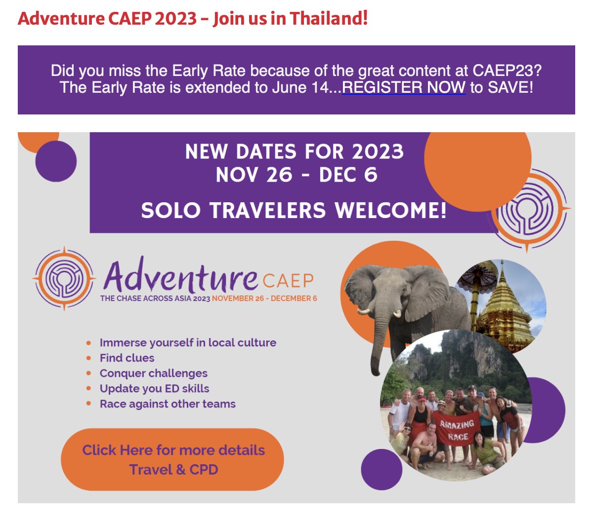 CAEP_Adventure's tweet image. Add Adventure to your CME and earn 17 study credit hours 🌏✈️ Early Registration for CME ends June 14 @CAEP_Docs @CAEPConference 
Chiang Mai, Bangkok, Railay Beach 🏖️ Scavenger hunt 📷🔍  Cooking school ☕️ Elephant sanctuary 🐘 caep.ca/adventure-caep…