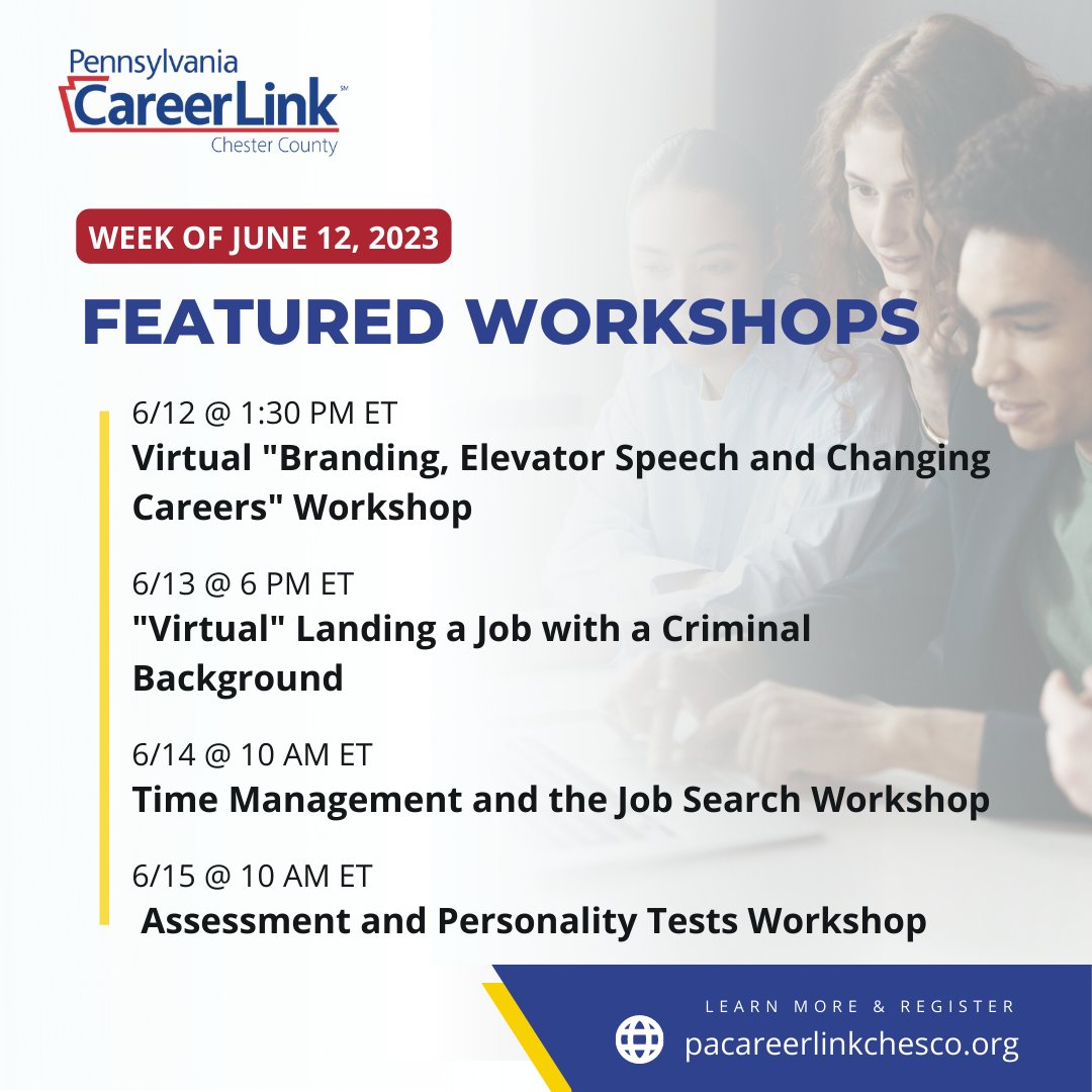 Don’t miss the incredible line-up of career workshops happening this week! Whether you're job searching or want to learn a new skill, visit our Workshops and Events page to find a workshop that will meet your professional needs today! bit.ly/3V0vWoP
#ChesterCountyPA