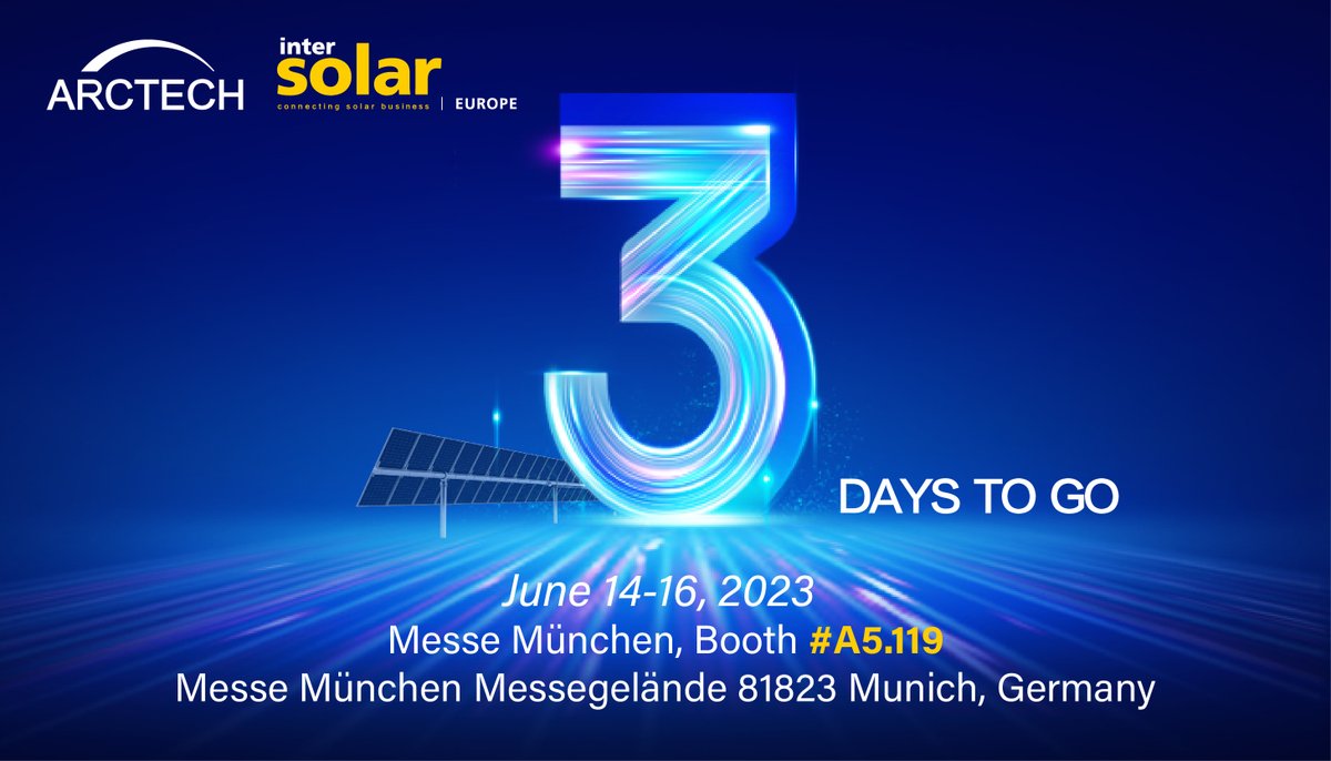 #ArctechExpo Only three days from now!
The #IntersolarEurope2023 will take place in #Munich, #Germany. This time, #Arctech will showcase its latest #solartechnology - #SkyLineII.
💡 Intersolar Europe 2023

📅 June 14 - 16, 2023

📌 Messe München | Booth A5-119
#intersolar2023