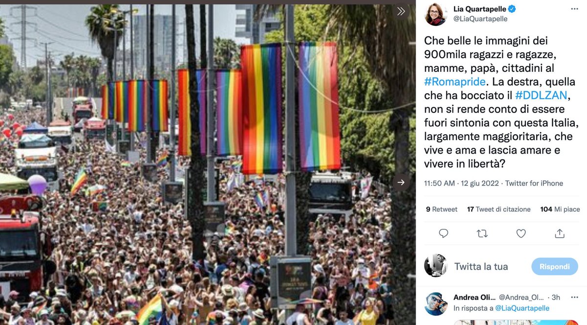 Un anno fa una deputata del #Pd per sostenere che al #Romapride fossero 900 mila, pubblicò la foto del #Pride di Tel Aviv. Quest’anno i 40 mila partecipanti secondo la Questura, diventano un milione. 
Mannaggia le #fakenews di #Putin e #Orban!! 😅
#11giugno