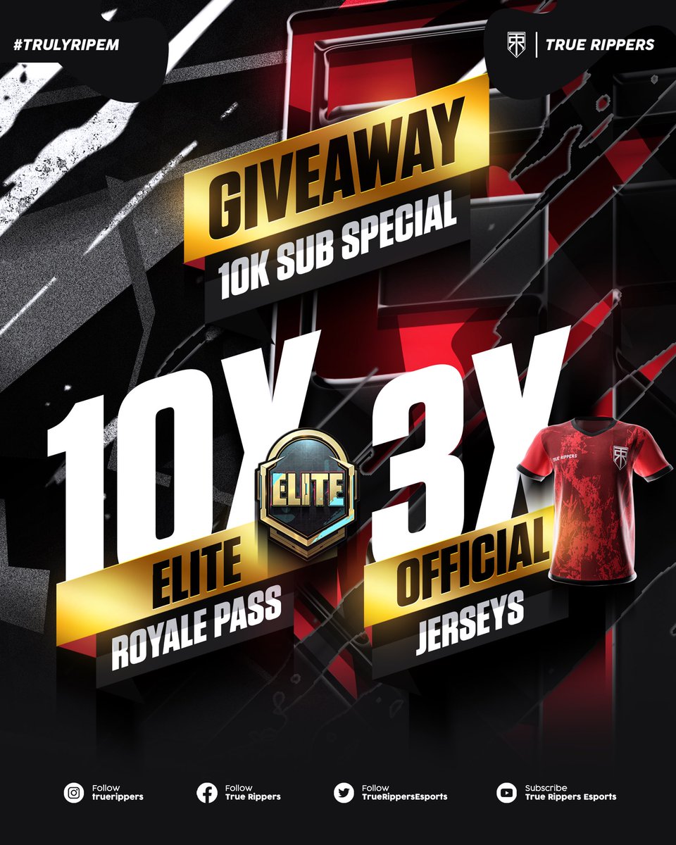 🚨GIVEAWAY ALERT🚨 

Here’s how to Participate:
• Step 01: Follow <a href="/truerippers/">True Rippers Esports</a> on Twitter.
• Step 02: Subscribe to our Youtube channel TrueRippersEsports
• Step 03: Tag 2 of your friends in the Comments.
• Step 04: Retweet this Post on your Handle.

Grab the opportunity, also