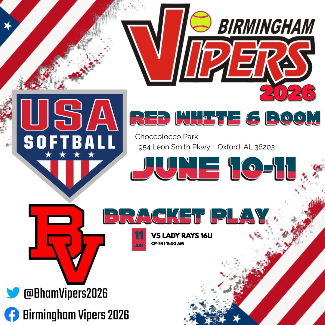 First bracket game in Red White & Boom 🧨is Today @ 11. We went 2-1 yesterday playing up in 16U! 🐍🥎🐍🥎#govipers @LegacyLegendsS1 @TopPreps @IHartFastpitch @Los_Stuff @BhamVipers2026 @ExtraInningSB