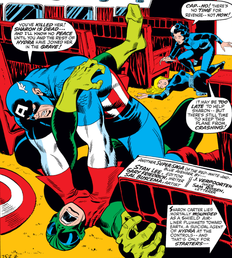 MarvelADay's tweet photo. #MarvelADay #Cap146 The suspense-laden story from Saturday continues: Sharon appears to be dead from a bullet meant for Cap as the plane plummets to the planet below (your pardon, please). - crs https://t.co/Gvz3ZOjV6Y