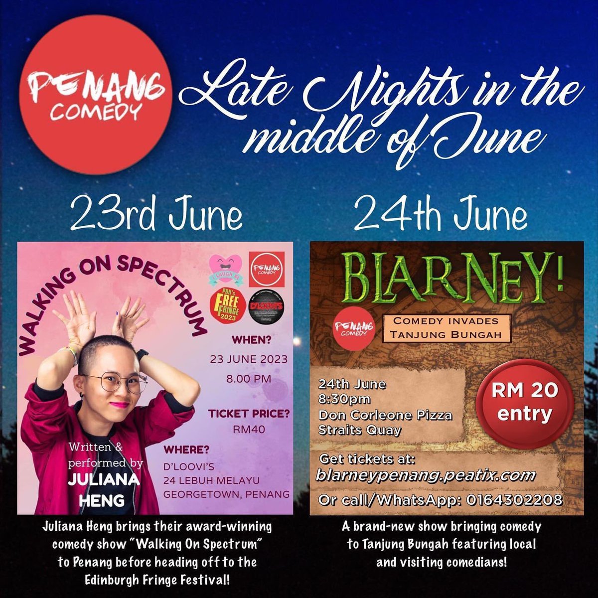 mxjulianaheng's tweet photo. To my fellow Penang Langs, I will be performing in these shows in 2 weeks time!
Get your tickets 🎟 here :
1) Walking on Spectrum @ Penang 🧠 :
https://t.co/7JoJGeOPhF
2) BLARNEY! :
https://t.co/JCDIq8WDPe
#penangcomedy #mxjulianaheng #walkingonspectrum #georgetownpenang https://t.co/aektB9iKct
