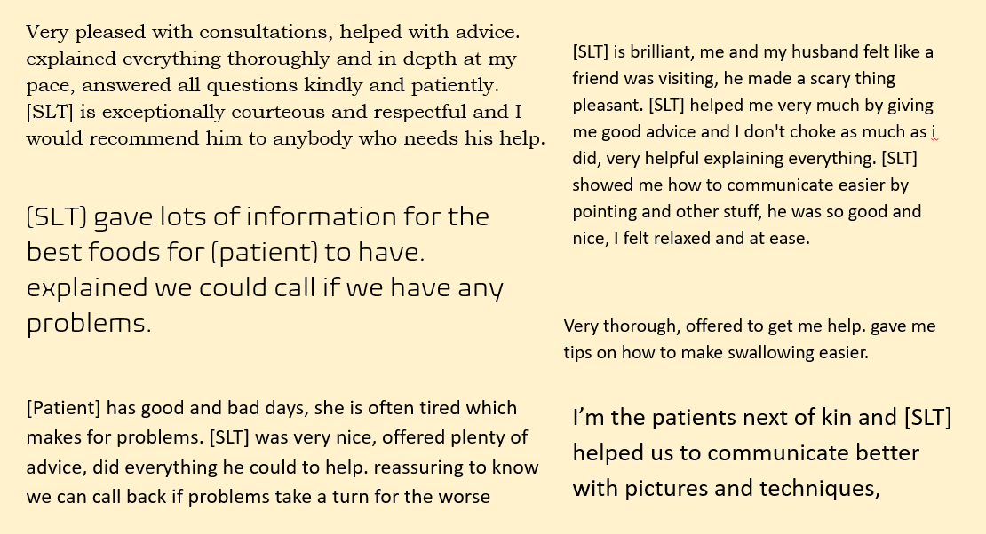 @WeAreBCHFT we value feedback from our patients, carers and families. Our amazing speech and language service in Halton have shared just a few of the brilliant comments they have received 👏🏼. Well  done team ! #TeamBridgewater #Thanks #Halton #Quality #AHPs #SLT