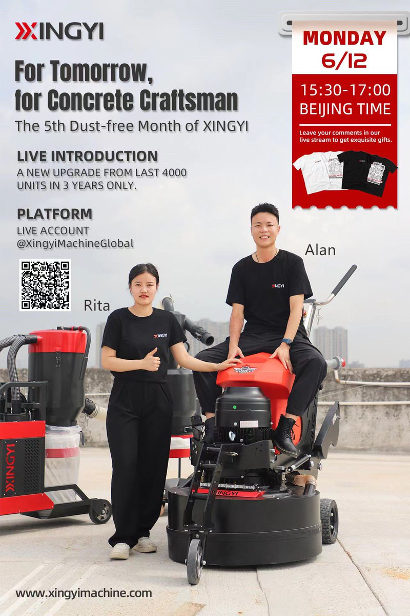 😍😍😍Rita&Alan, wait you in our live stream!

12th, June
15:30-17:00 Beijing Time

The most comprehensive machine introduction and demo with fantastic gifts, all happening in our live stream.

Don't miss out🥳🥳🥳

#health
#dustfree 
#polishedconcrete
#surfacepreparation
#xingyi