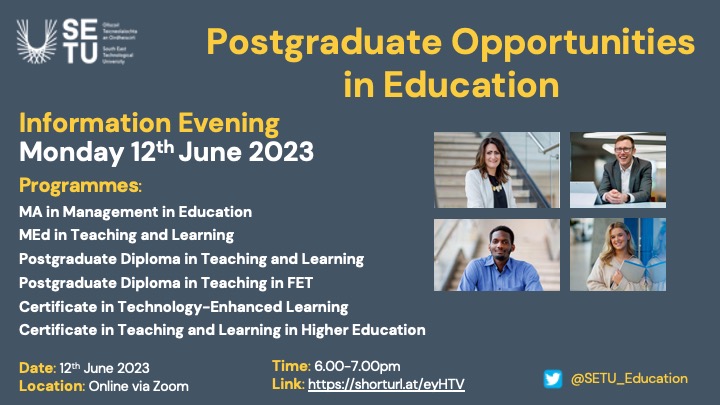SETU_Education's tweet photo. ⏰ MONDAY 12th 6.00pm SETU Education Information Evening 🛑

Last call to join the conversation and find out more about our programmes.
Location: Online via Zoom
Link: https://t.co/wHLYNmpIT0

@SETUIreland @setulll @SETUGradStudies 
#Education #Postgraduate #SETU #Waterford https://t.co/wRpDFl74cH