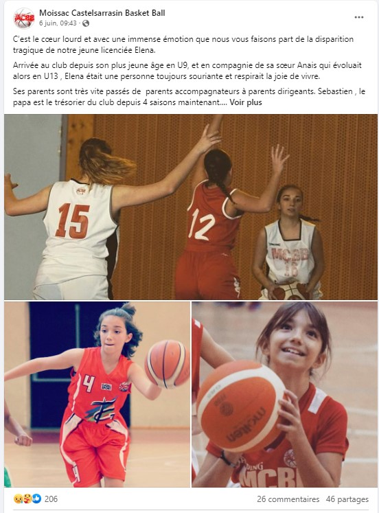 Cet accident qui porte à huit le nombre de personnes décédées sur les routes du Tarn-et-Garonne depuis le début de l’année, a provoqué une vive émotion à Moissac où Elena était scolarisée et jouée au club de basket du #MCBB.