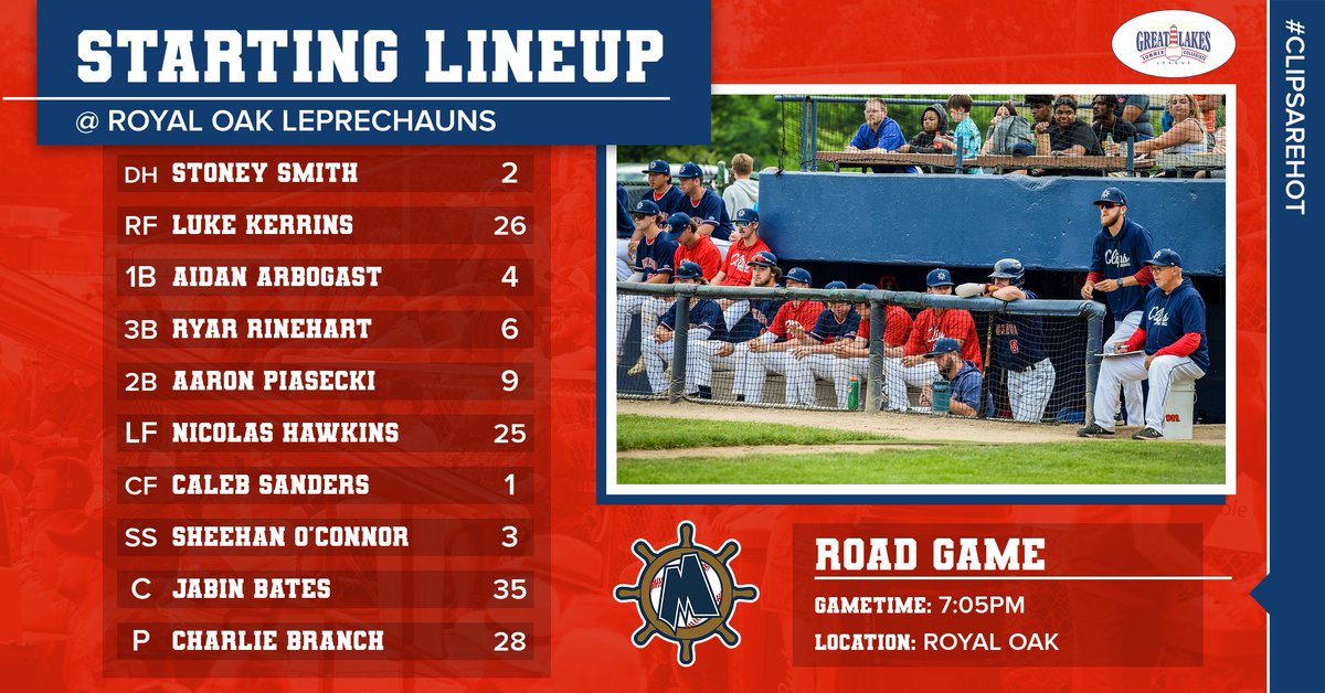 Muskegon Clippers (@muskegonclipper) on Twitter photo Here is your lineup for tonight's game at Royal Oak against the <a href="/roleprechauns/">Royal Oak Leprechauns</a> ! Clips hope to keep rolling with their first road trip of the season. They will be sending <a href="/CharlieBranch8/">Charlie Branch</a> to the mound!
#clipsarehot #roadtrip #collegebaseball <a href="/GLSCL/">GLSCL Baseball</a> Here is your lineup for tonight's game at Royal Oak against the <a href="/roleprechauns/">Royal Oak Leprechauns</a> ! Clips hope to keep rolling with their first road trip of the season. They will be sending <a href="/CharlieBranch8/">Charlie Branch</a> to the mound!
#clipsarehot #roadtrip #collegebaseball <a href="/GLSCL/">GLSCL Baseball</a>