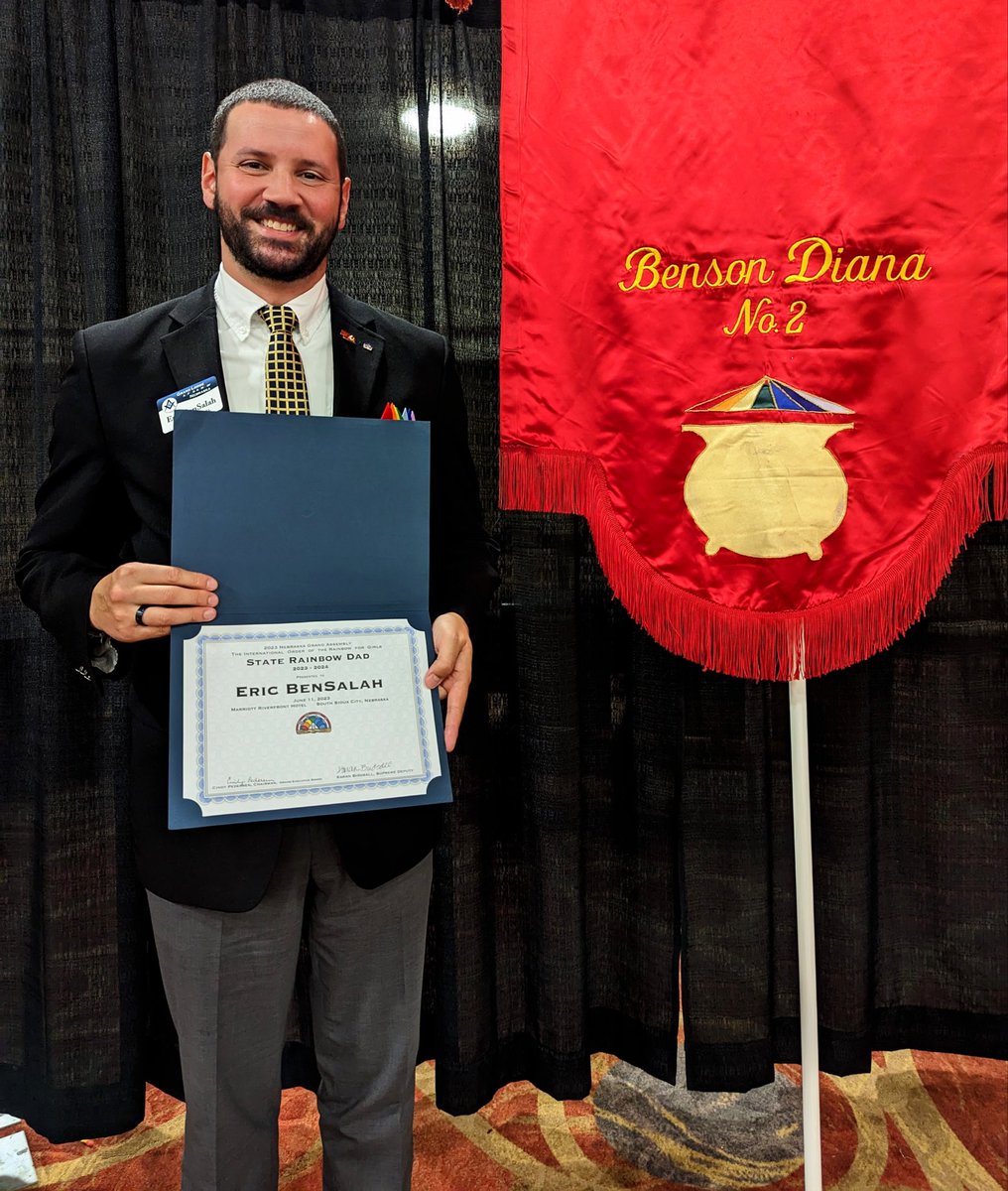GrandLodgeNE's tweet photo. At the 78th Nebraska Grand Assembly of the International Order of Rainbow for Girls in South Sioux City, NE, WB Eric BenSalah (Grand Marshal) was elected as State Rainbow Dad for 2023-24. WB Eric is currently the Rainbow Dad for Benson Diana Assembly No. 2 in Omaha, NE. Congrats! https://t.co/KS1XaccNIl