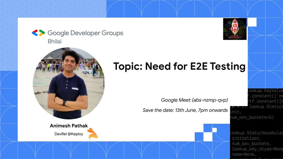 Join me and @Shashwat_g27 for an insightful session on the Need for E2E testing, organized in collaboration with GDG Bhilai, Tech Shuttle, and Keploy on 13th June'23 🌐 ⏰ Time: 7:00 PM (IST) 🗣️ Speaker: Animesh Pathak, DevRel at Keploy 🔗 Event Link: meet.google.com/abs-nzmp-qvp