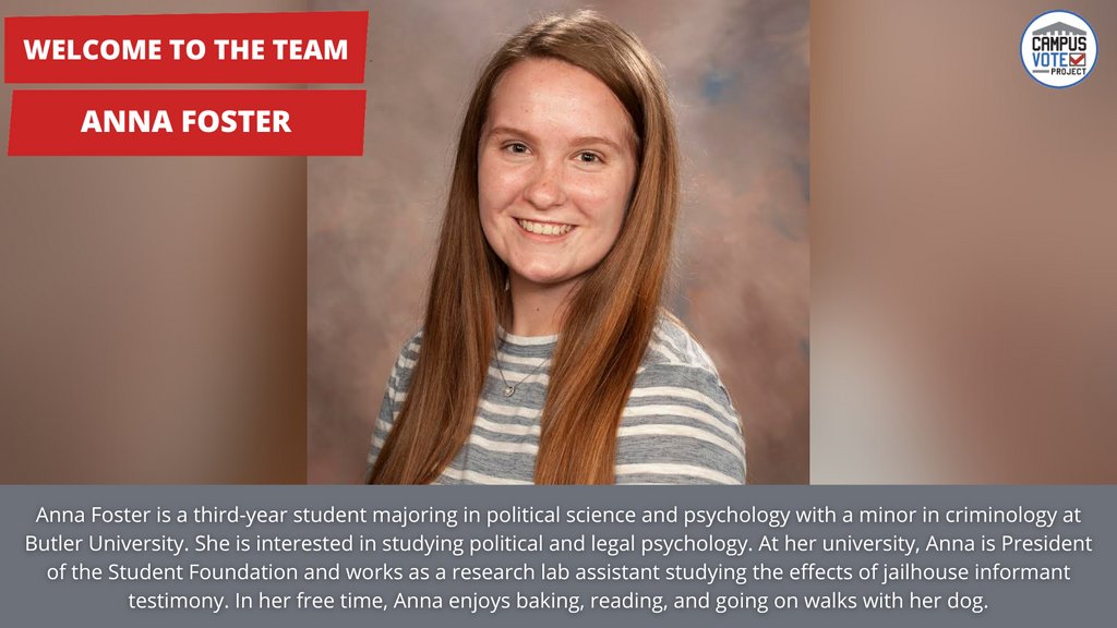 CampusVote's tweet photo. Welcome to the team Anna Foster, CVP's newest Voter Friendly Campus intern!
Learn more about our staff at https://t.co/kA94iRIlmb
#campusvoteproject https://t.co/FAyYfh5Pv9