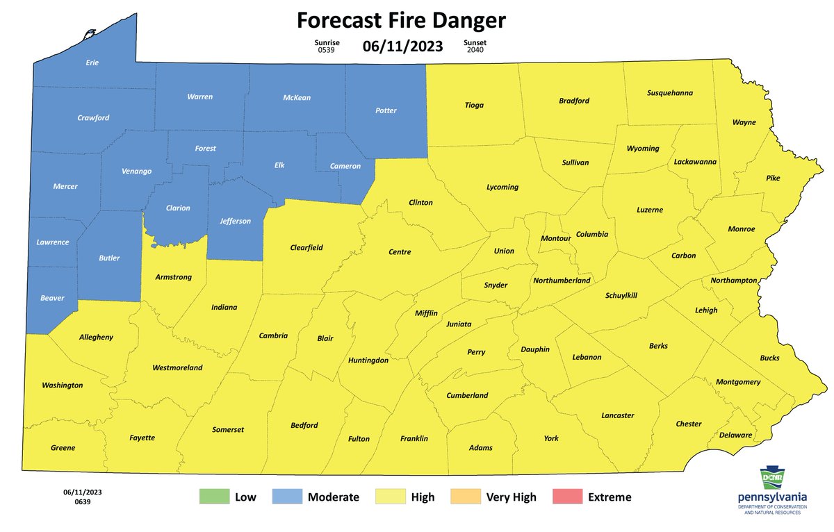 DCNRnews's tweet photo. Wildfire danger continues to remain high for most of Pennsylvania. Please don’t start any fires outdoors in counties with high wildfire danger. 🔥🌲
Learn more about when it is a bad time to burn with our daily wildfire danger maps ➡️ https://t.co/CuwGGUUuEd. #PaWildfire https://t.co/qkrzlmgRKg
