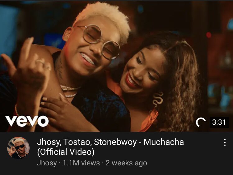 Muchacha by the Colombian musician Jhosy starring the Ghanaian 🇬🇭 legend Stonebwoy has exceeded over 1  million streams on youtube.