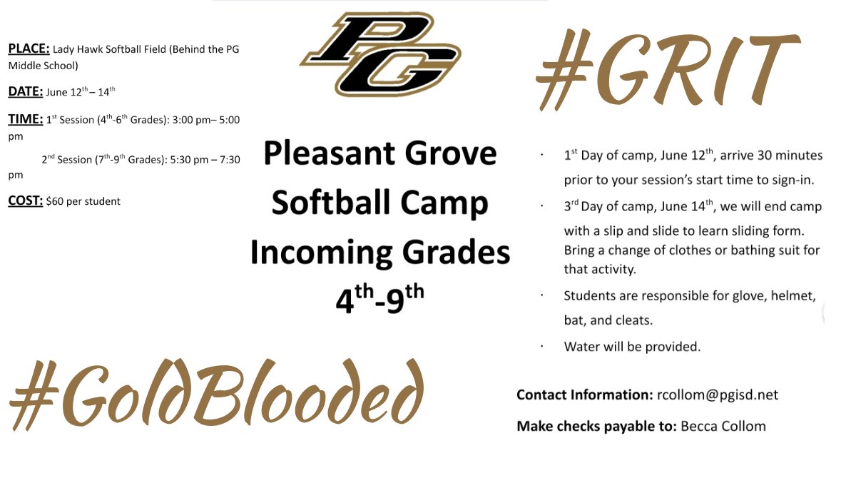 SOFTBALL CAMP STARTS MONDAY!!! 

We are excited for 3 days of Pleasant Grove Softball! Come on out!!

#GRIT x #GoldBlooded
